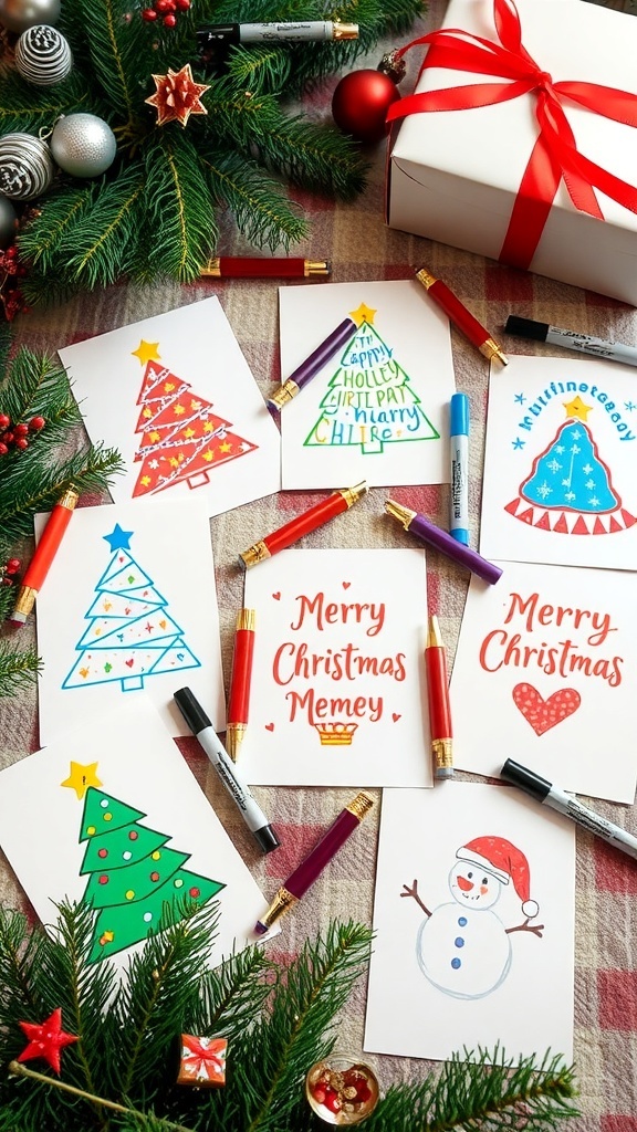 Colorful DIY Christmas cards with marker designs on a festive table.